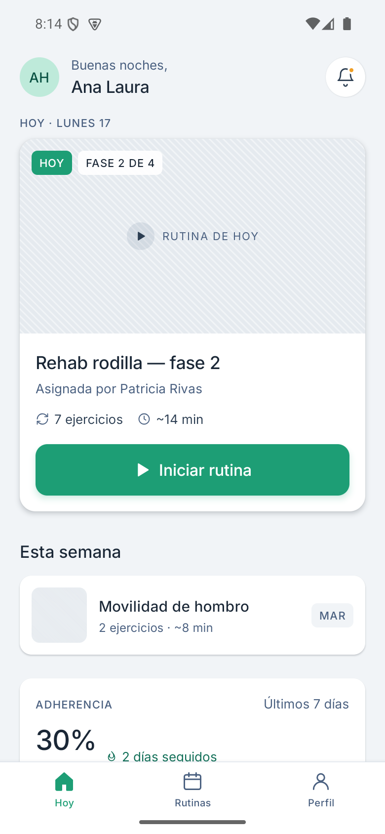 Pantalla de inicio de Rekofit con la rutina del día, las series por completar y el avance de la semana.